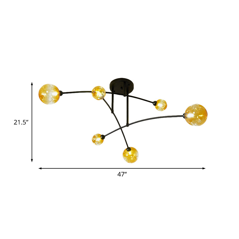 Amber Glass Modo Semi Flush Lighting Minalismo 6 teste Black Arced vicino alla lampada del soffitto