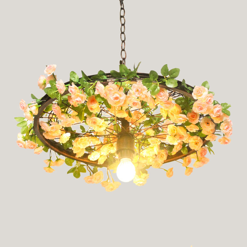 8.5"/15" W Wheel Restaurant Drop Lamp Factory Iron 1 Bulb Pink/Blue Down Lighting Pendant with Artificial Flower Decor