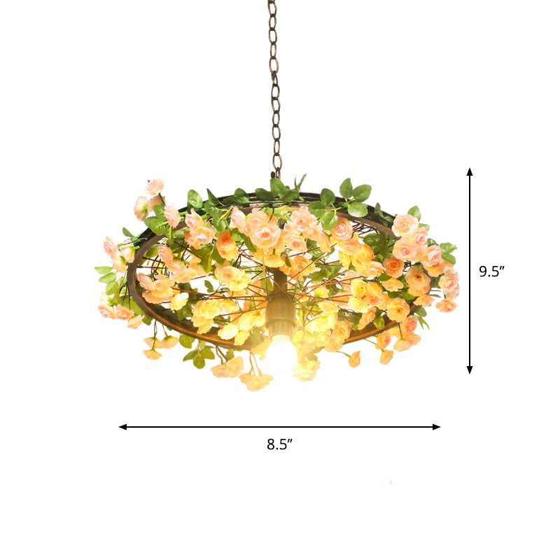 8.5"/15" W Wheel Restaurant Drop Lamp Factory Iron 1 Bulb Pink/Blue Down Lighting Pendant with Artificial Flower Decor