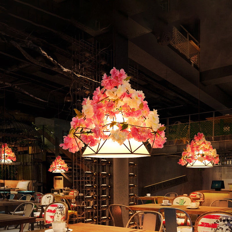 Pink/Green 1-Bulb Hanging Light Farm Iron Diamond Frame Flower Pendant Lamp with Inner Fabric Shade