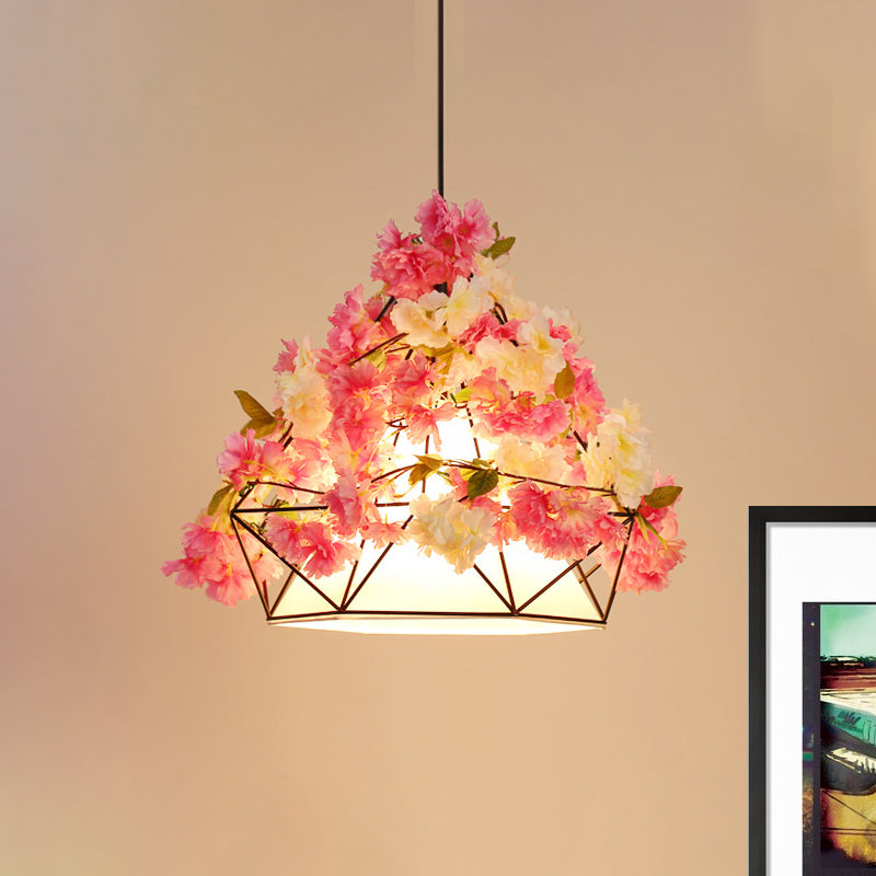 Pink/Green 1-Bulb Hanging Light Farm Iron Diamond Frame Flower Pendant Lamp with Inner Fabric Shade