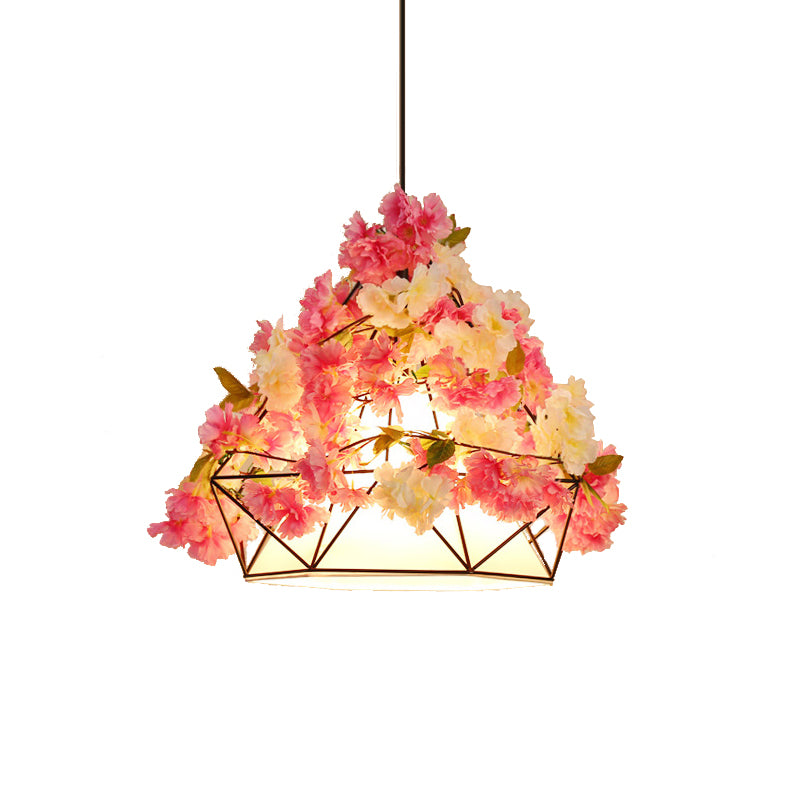 Pink/Green 1-Bulb Hanging Light Farm Iron Diamond Frame Flower Pendant Lamp with Inner Fabric Shade