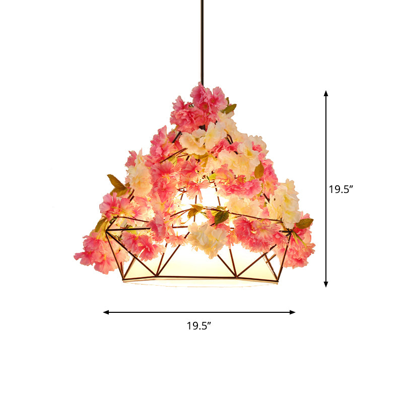 Pink/Green 1-Bulb Hanging Light Farm Iron Diamond Frame Flower Pendant Lamp with Inner Fabric Shade