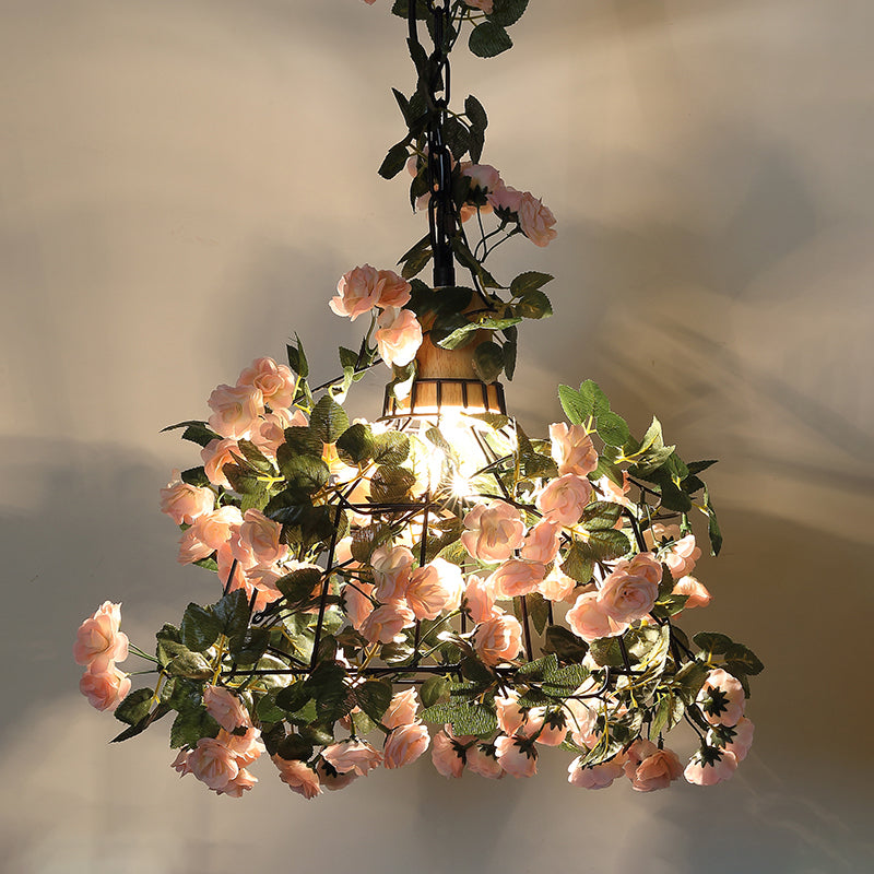 Farmhouse Jar/Diamond/Barn Cage Pendant 1-Light Iron Flower Suspended Lighting Fixture with Wooden Cap in Black