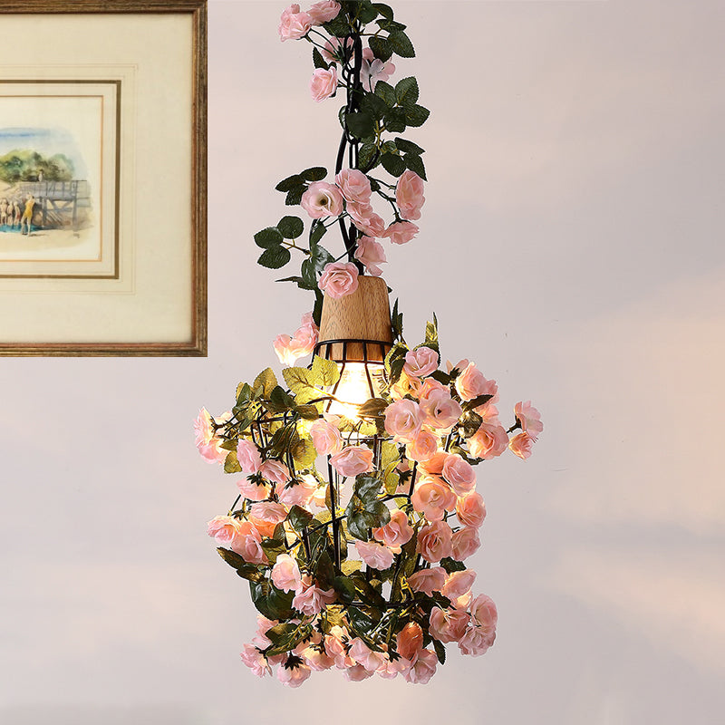 Farmhouse Jar/Diamond/Barn Cage Pendant 1-Light Iron Flower Suspended Lighting Fixture with Wooden Cap in Black