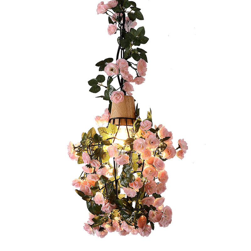 Farmhouse Jar/Diamond/Barn Cage Pendant 1-Light Iron Flower Suspended Lighting Fixture with Wooden Cap in Black