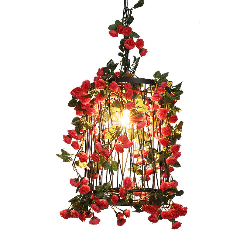 Metal Cylinder Cage Suspension Light Farmhouse 1-Head Restaurant Flower Down Lighting Pendant in Black