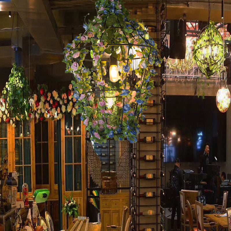 Cone Cage Restaurant Deckenleichter Leiter Iron 1 Glühbirne Rot/Blau Hanging Anhängerlampe mit Blumendekoration