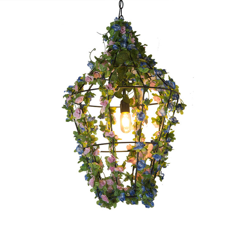 Cone Cage Restaurant plafond Light Loft Iron 1 Bulbe Red / Blue suspension suspendue avec décoration de fleurs