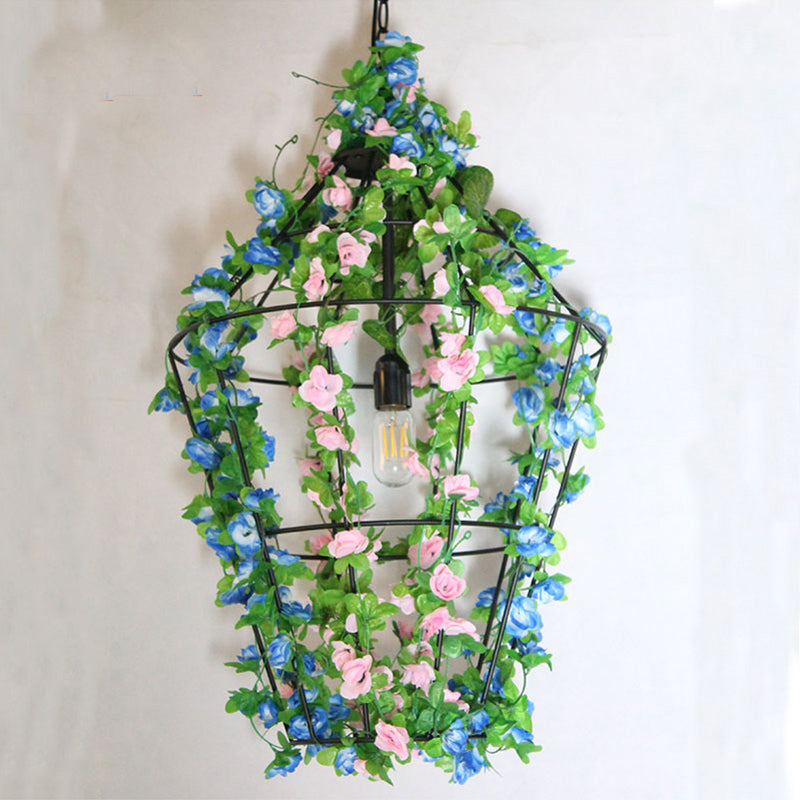 Cone Cage Restaurant Ceiling Light Loft Iron 1 Bulb Red/Blue Hanging Pendant Lamp with Flower Decor