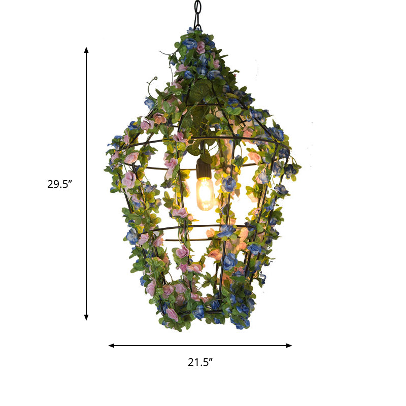 Cone Cage Restaurant Ceiling Light Loft Iron 1 Bulb Red/Blue Hanging Pendant Lamp with Flower Decor