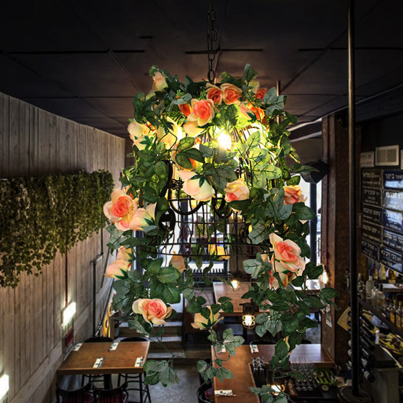 Lámpara colgante de hierro en jaula acampanada loft 1 bulbo de restaurante suspensión de flores luz colgante en negro