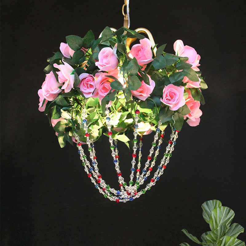 Groene/roze kralen plafondlamp vintage kristal 1 kop restaurant hanglampverlichtingsarmatuur met bloemendecoratie