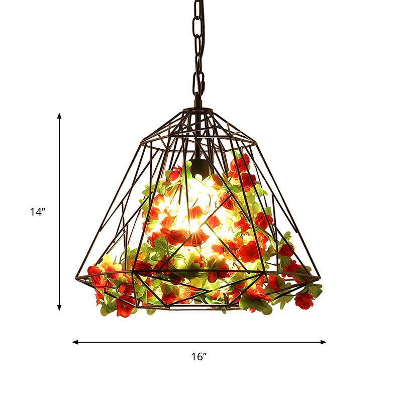 Farm Diamond Cage Ceiling Pendant 1 Bulb Iron Hanging Light Fixture in Black with Artificial Flower