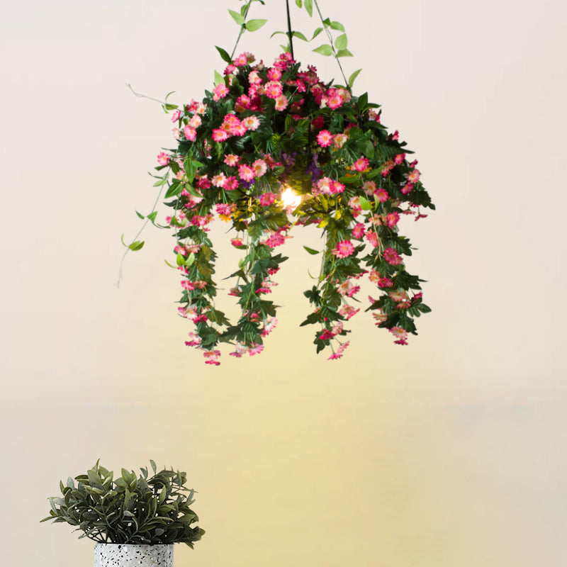 Warehouse Flower Basket Drop Lamp 1 Light Iron Hanging Pendant Light in Black with Wire Cage for Restaurant