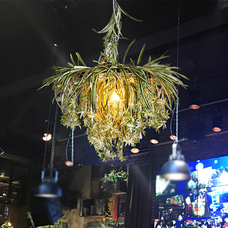 Loft Round Ceiling Pendant Light 1 Bulb Metal Hanging Lamp Kit with Artificial Plant Decor in Green