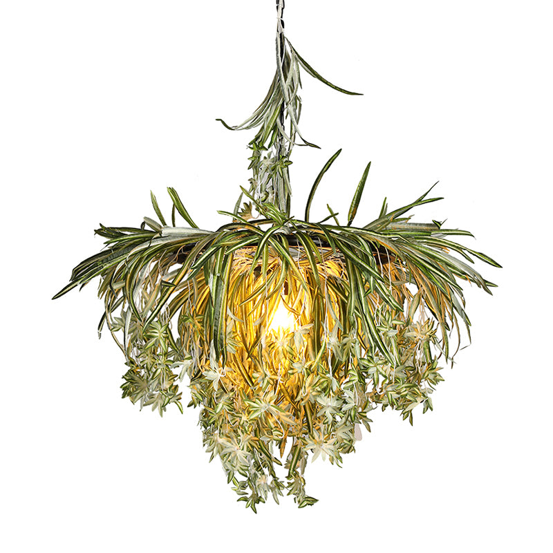 Loft ronde plafond hanglamp 1 lamp metaalhangende lampkit met kunstmatige plant in groen