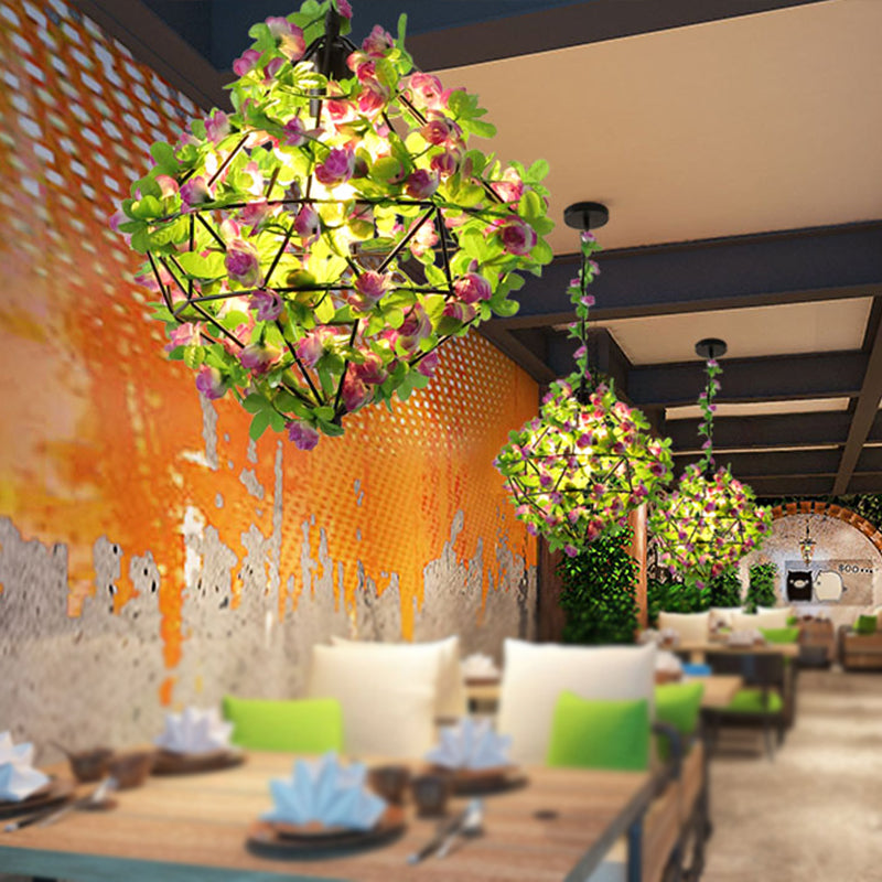 1 Lichte plafond hanglamp Retro Restaurant Plant Hanglicht met geometrische draadkooi in zwart