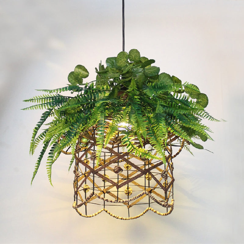 Retro Scalloped Cage Down Lighting 1 Light Iron Ceiling Suspension Lamp in Green with Plant Decoration