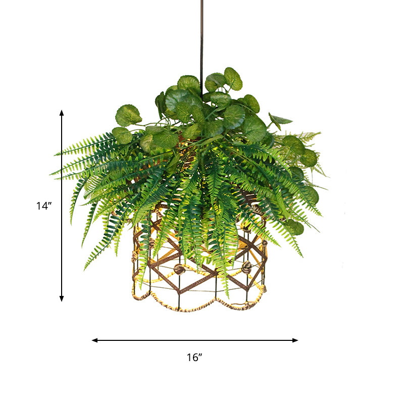 Retro Scalloped Cage Down Lighting 1 Light Iron Ceiling Suspension Lamp in Green with Plant Decoration