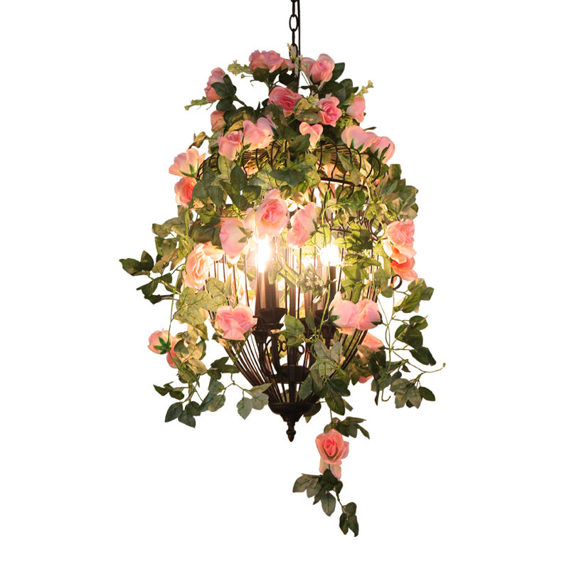 3 Heads Ceiling Chandelier Factory Restaurant Flower Pendant Lighting Fixture with Urn Wire Cage in Black