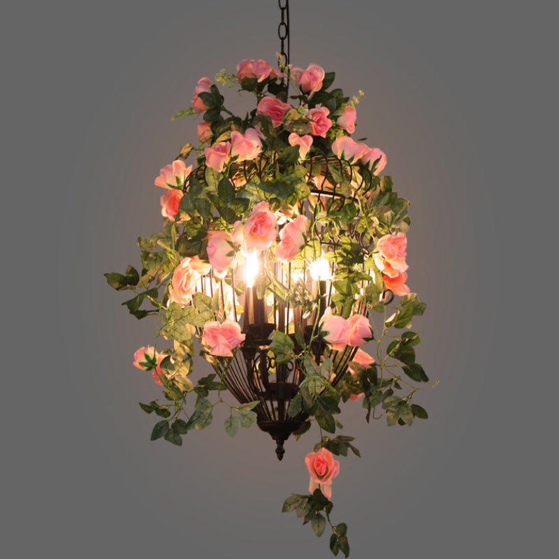 3 Heads Ceiling Chandelier Factory Restaurant Flower Pendant Lighting Fixture with Urn Wire Cage in Black