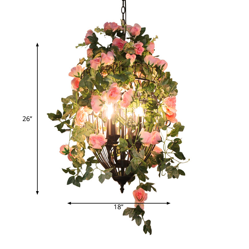 3 Heads Ceiling Chandelier Factory Restaurant Flower Pendant Lighting Fixture with Urn Wire Cage in Black