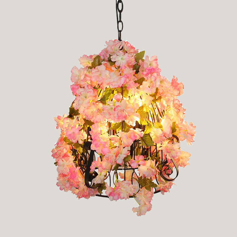 Pink Cherry Blossom Ceiling Chandelier Farmhouse Iron 3 Bulbs Restaurant Pendant Light with Bell Cage