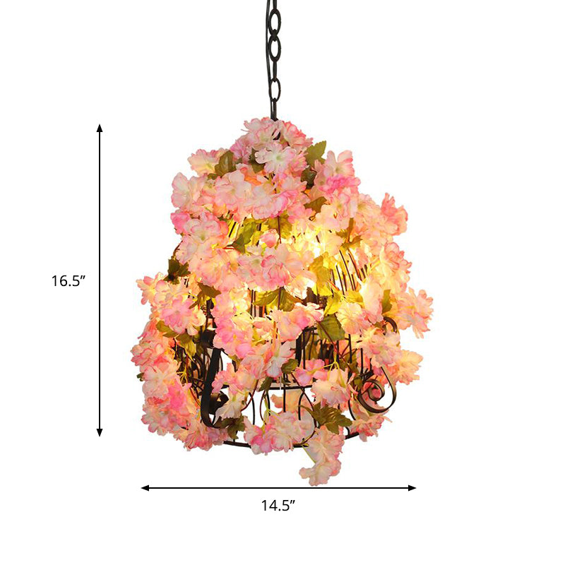 Pink Cherry Blossom Ceiling Chandelier Farmhouse Iron 3 Bulbs Restaurant Pendant Light with Bell Cage