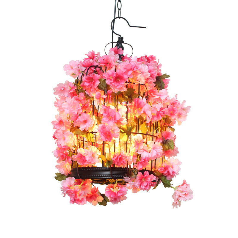 Birdcage Restaurant Chandelier Light Fixture Farm Iron 3 Heads Pink Flower Hanging Lamp Kit