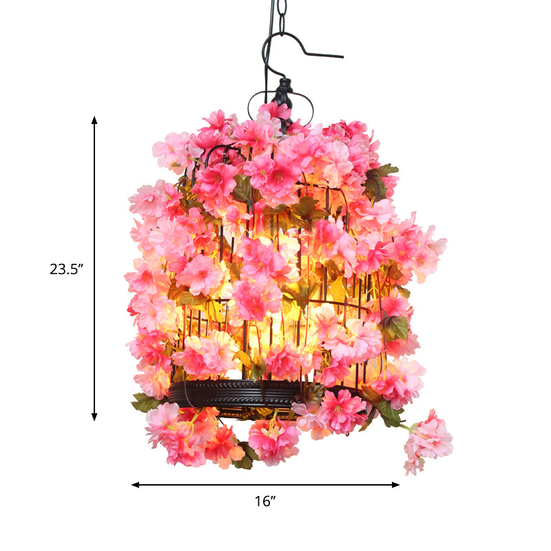 Birdcage Restaurant Chandelier Light Fixture Farm Iron 3 Heads Pink Flower Hanging Lamp Kit