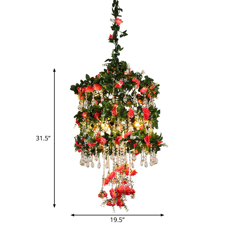 3 Köpfe Kronleuchter Anhänger Licht Bauernhaus Zylinder Käfig Eisenblüten Deckenlampe in Schwarz mit Kristallakzent