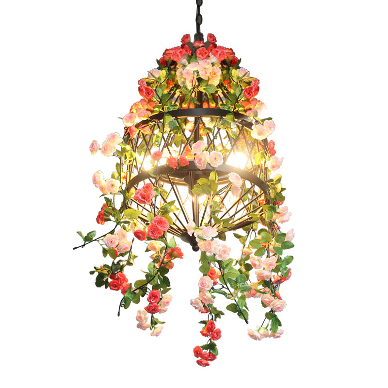 Trellis Cage Iron Hanging Chandelier Farm 3/4 Lights Restaurant Flower Suspension Lamp in Black