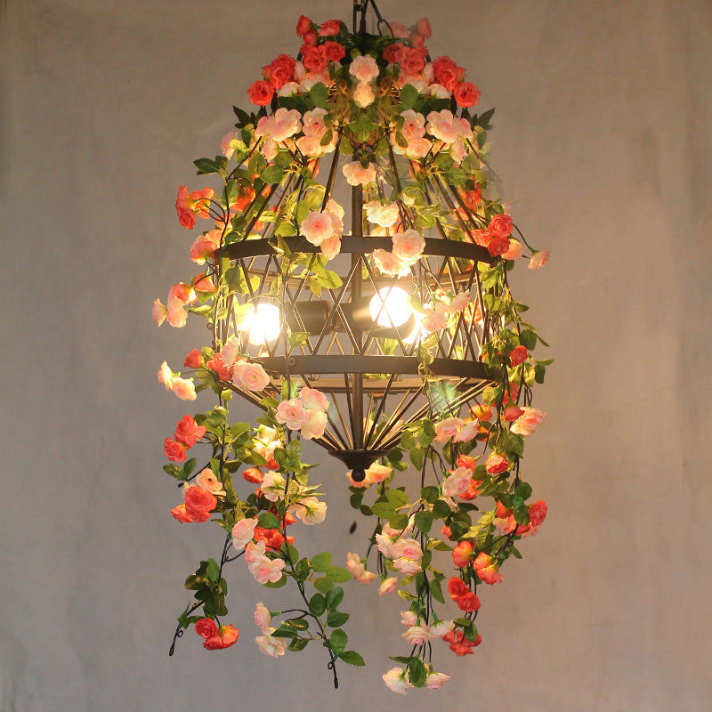 Trellis Cage Iron Hanging Chandelier Farm 3/4 Lights Restaurant Flower Suspension Lamp in Black