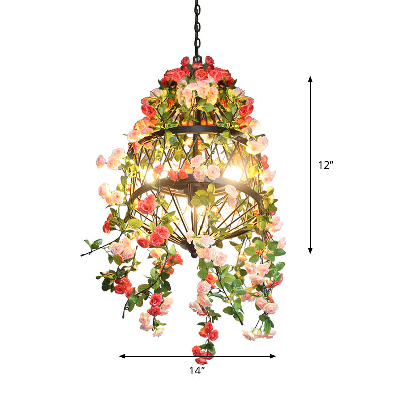 Trellis Cage Iron Hanging Chandelier Farm 3/4 Lights Restaurant Flower Suspension Lamp in Black