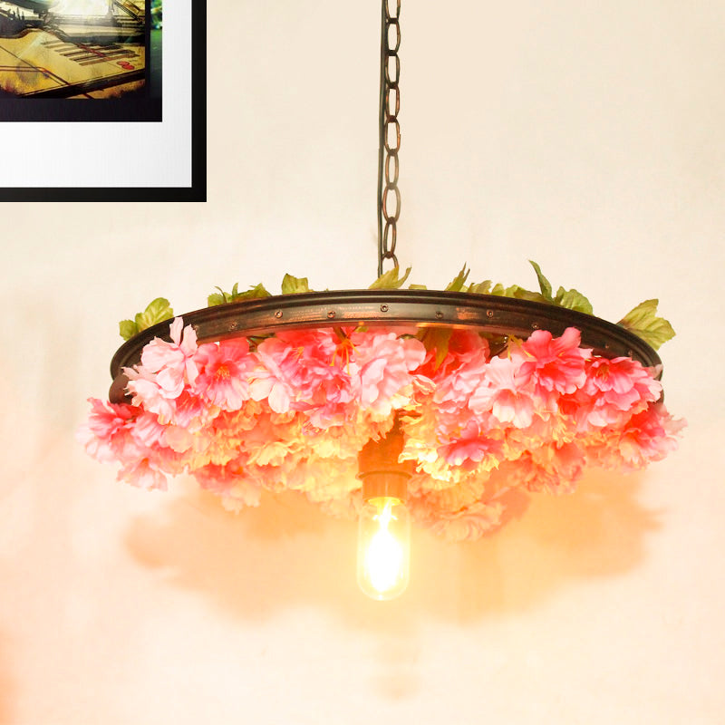 1 Head Iron Pendant Light Farmhouse Pink/Blue Flower Restaurant Hanging Lamp with Wagon Wheel Design, 8.5"/15"/19" Wide