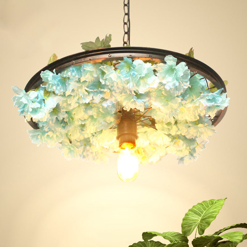 1 Head Iron Pendant Light Farmhouse Pink/Blue Flower Restaurant Hanging Lamp with Wagon Wheel Design, 8.5"/15"/19" Wide