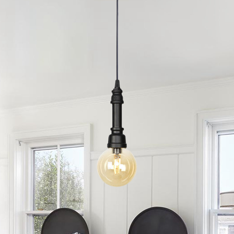 1 Light Ball/Capsule Suspension Light Industrial Black Finish Amber Glass Ceiling Pendant Pipe Lamp