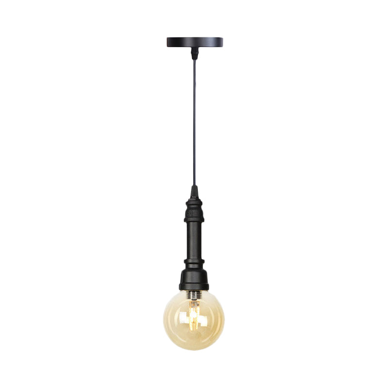 1 Light Ball/Capsule Suspension Light Industrial Black Finish Amber Glass Ceiling Pendant Pipe Lamp