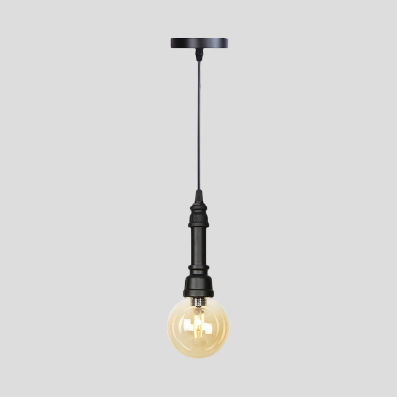 1 Light Ball/Capsule Suspension Light Industrial Black Finish Amber Glass Ceiling Pendant Pipe Lamp