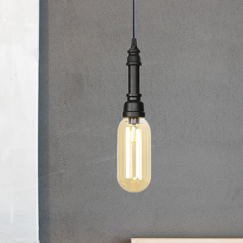 1 Light Ball/Capsule Suspension Light Industrial Black Finish Amber Glass Ceiling Pendant Pipe Lamp