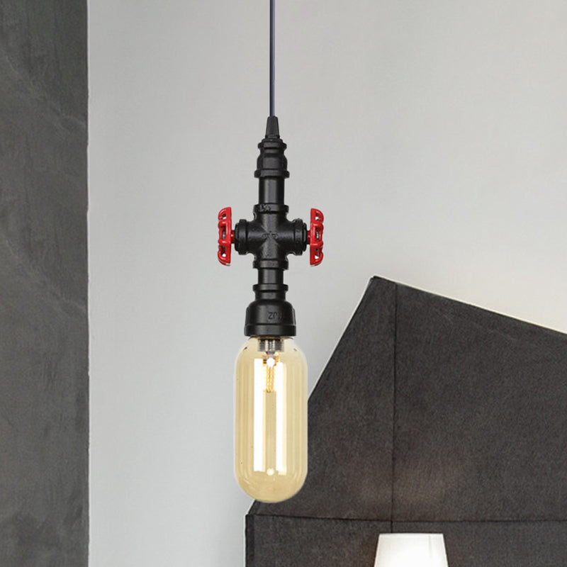 1 Light Ball/Capsule Suspension Light Industrial Black Finish Amber Glass Ceiling Pendant Pipe Lamp