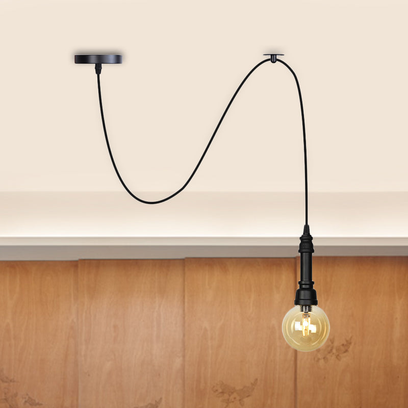 Sphere/Capsule Restaurant Swag Pendant Light Vintage Amber Glass 1-Head Black Pipe Hanging Lamp Fixture