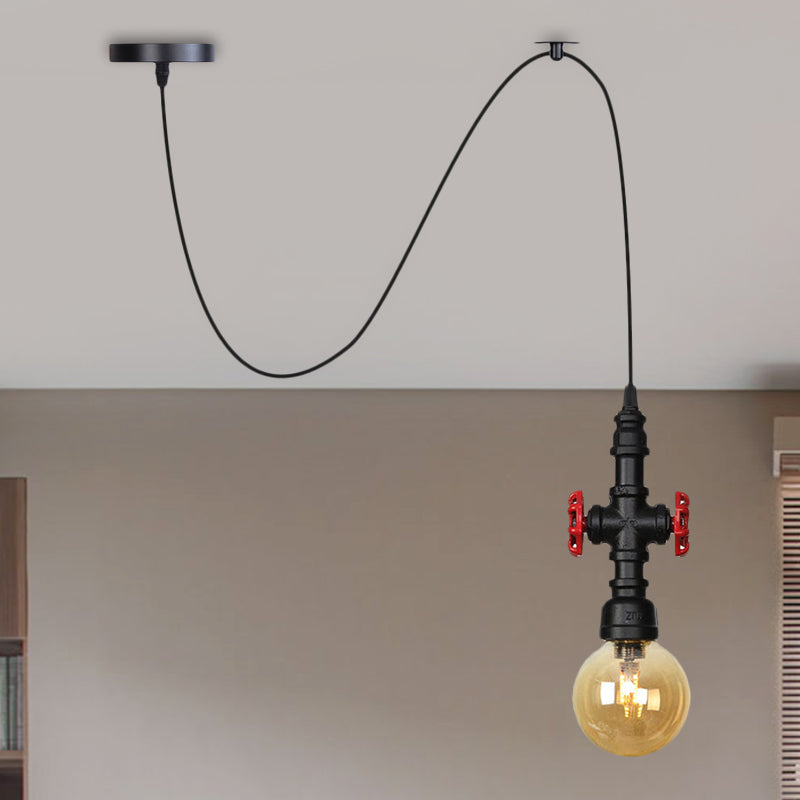 Sphere/Capsule Restaurant Swag Pendant Light Vintage Amber Glass 1-Head Black Pipe Hanging Lamp Fixture