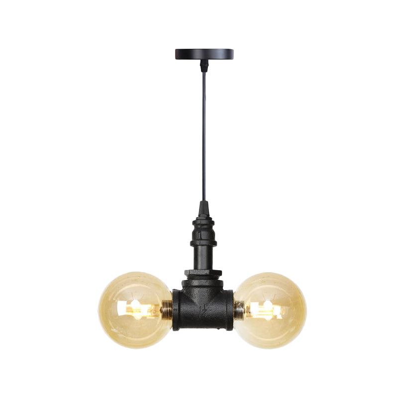 2 Bulbs Ceiling Chandelier Industrial Coffee House Suspension Lamp with Globe/Capsule Amber Glass Shade in Black