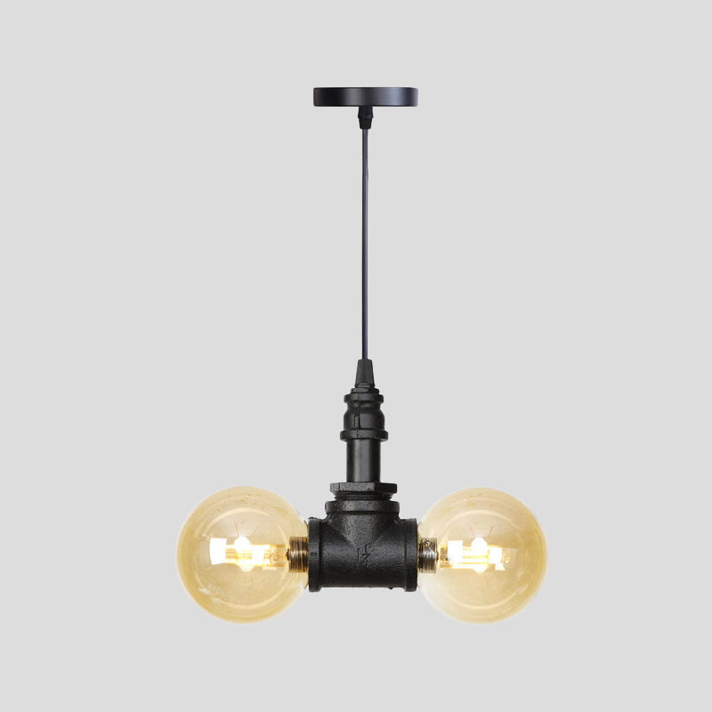 2 Bulbs Ceiling Chandelier Industrial Coffee House Suspension Lamp with Globe/Capsule Amber Glass Shade in Black