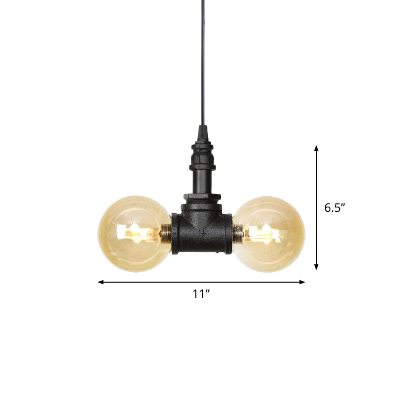 2 Bulbs Ceiling Chandelier Industrial Coffee House Suspension Lamp with Globe/Capsule Amber Glass Shade in Black