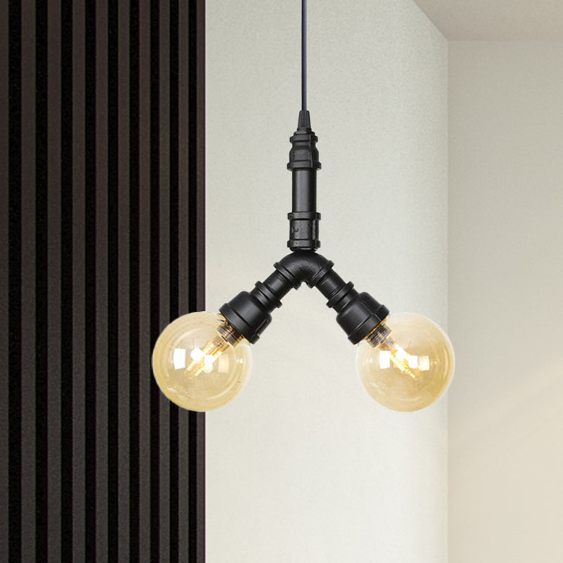 2 Bulbs Ceiling Chandelier Industrial Coffee House Suspension Lamp with Globe/Capsule Amber Glass Shade in Black