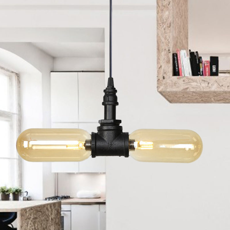 2 Bulbs Ceiling Chandelier Industrial Coffee House Suspension Lamp with Globe/Capsule Amber Glass Shade in Black