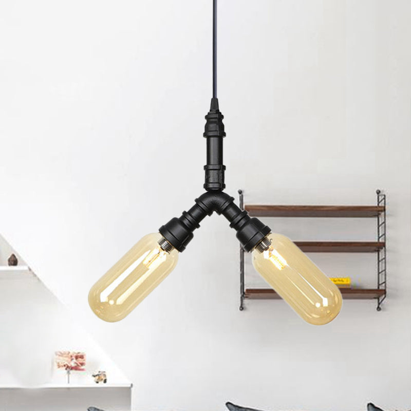 2 Bulbs Ceiling Chandelier Industrial Coffee House Suspension Lamp with Globe/Capsule Amber Glass Shade in Black